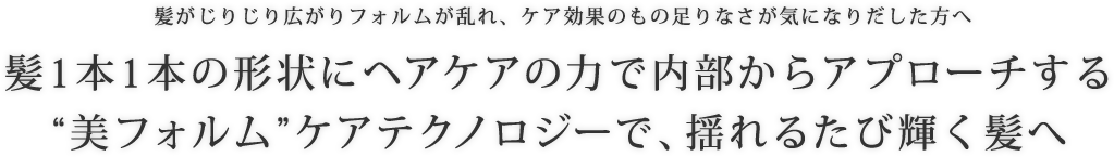 髪がじりじり広がりフォルムが乱れ、ケア効果のもの足りなさが気になりだした方へ 髪1本1本の形状にヘアケアの力で内部からアプローチする“美フォルム”ケアテクノロジーで、揺れるたび輝く髪へ
